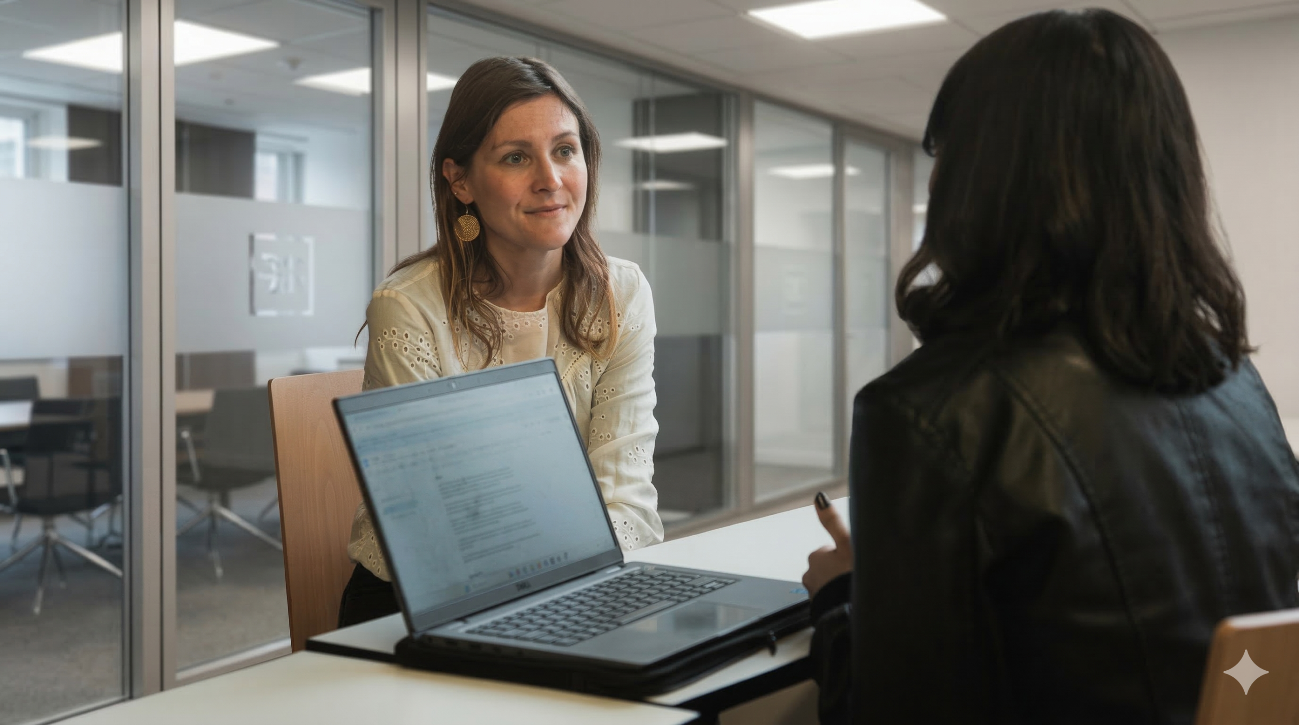 Femme bonde qui regarde une personne attentivement, devant un ordinateur pour une formation sur faire un bon CV