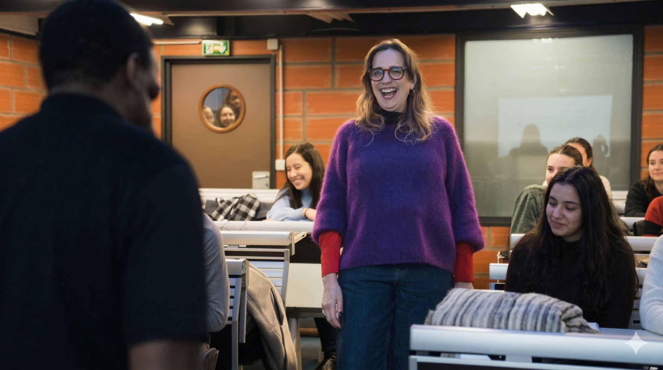 Femme en pull violet sourit dans une classe