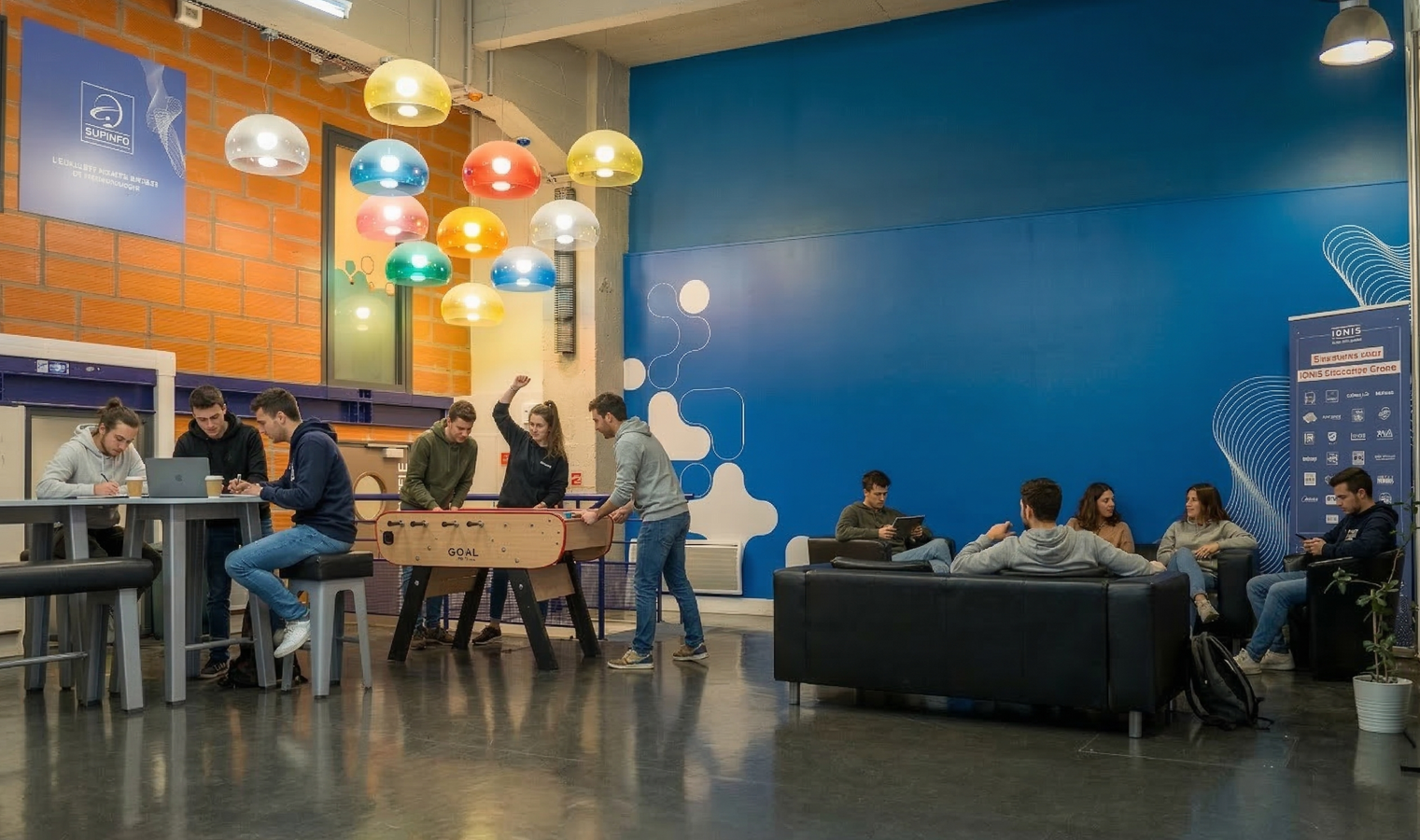 Étudiants travaillant en groupe et se détendant dans les espaces projets du campus Ionis-STM