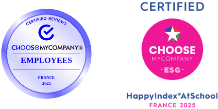 Logos HappyAtWork et HappyAtSchool de ChooseMyCompany certifiant l’expérience étudiants et salariés à Ionis-STM